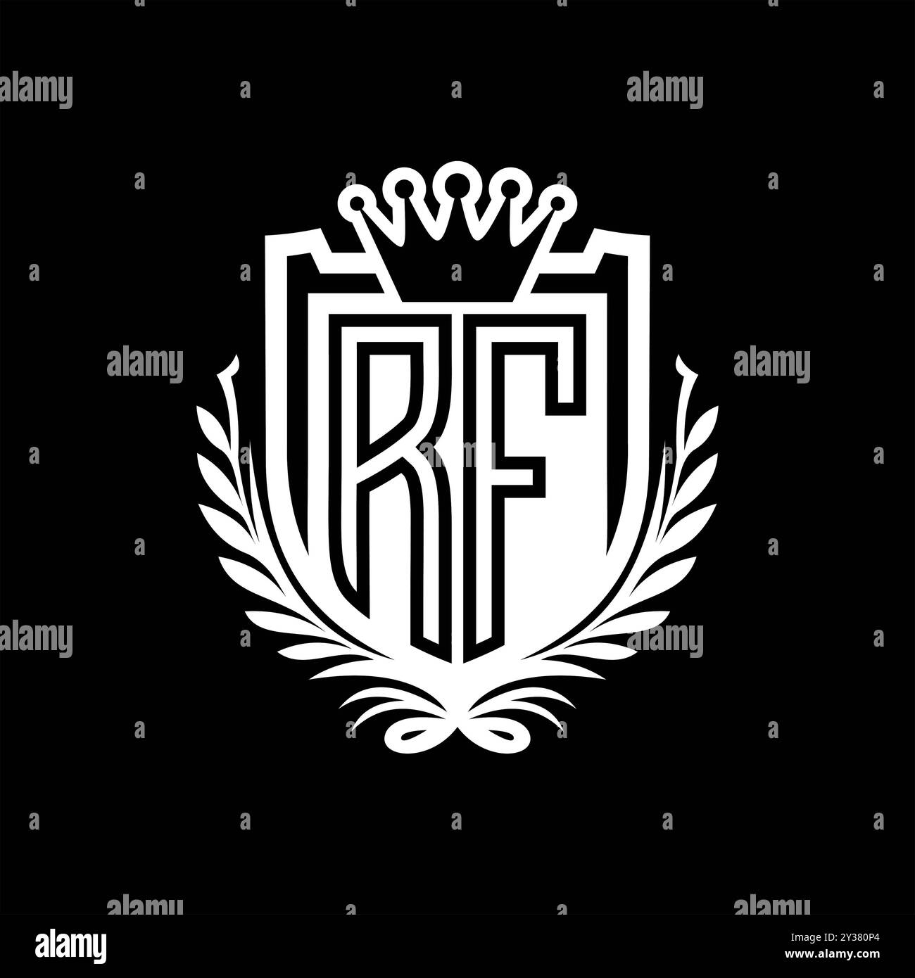 RF Letter logo heraldic shield shape with crown, vintage shield on black background template design Stock Photo