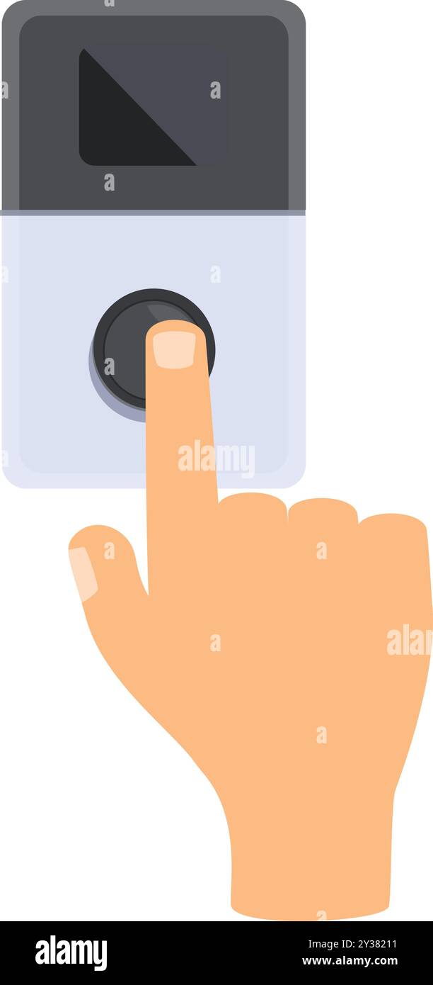 Hand pressing the button on a modern intercom device, ready to communicate Stock Vector