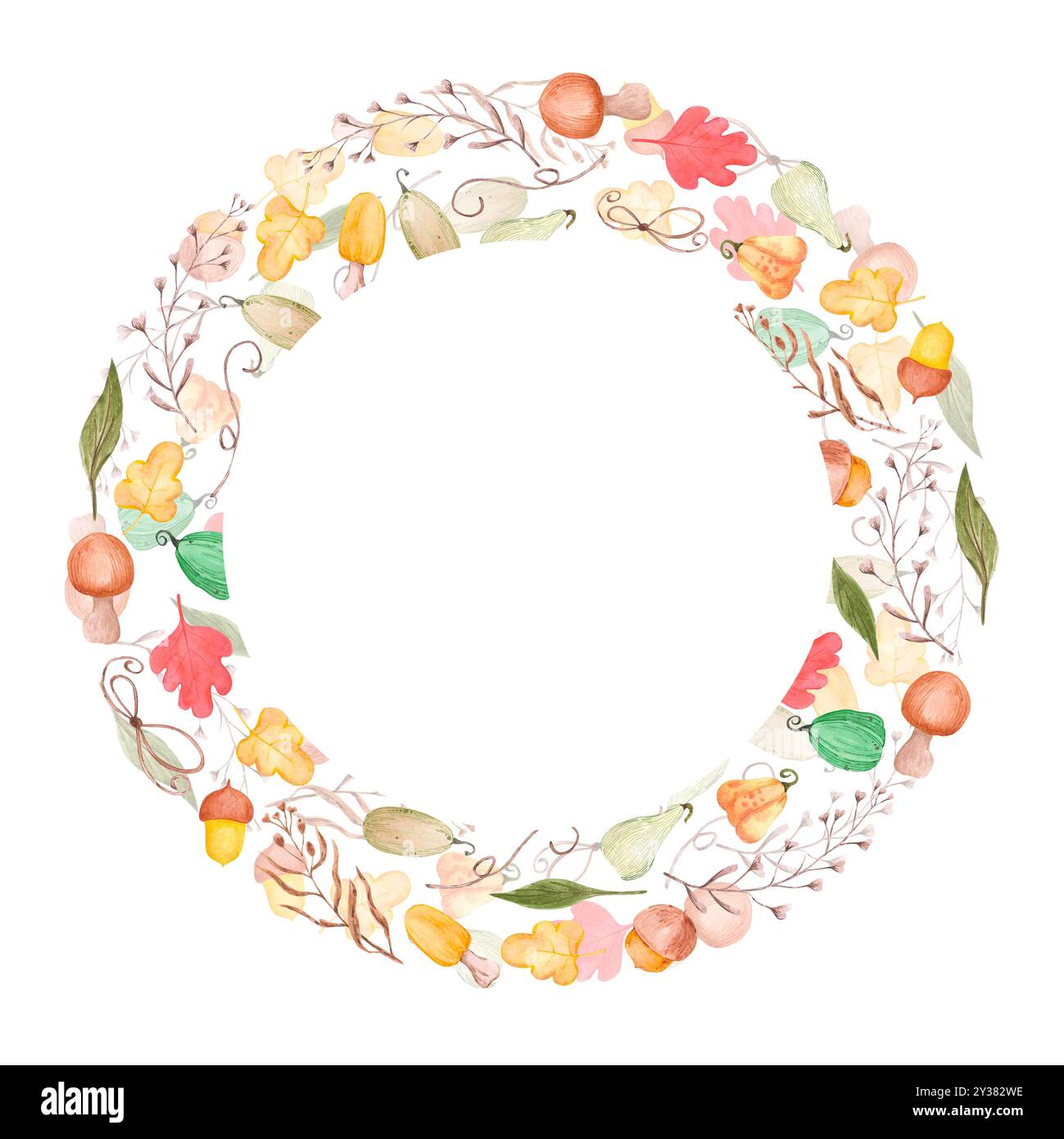 Hand drawn watercolor autumn mushrooms leaves and pumpkins frame border ...