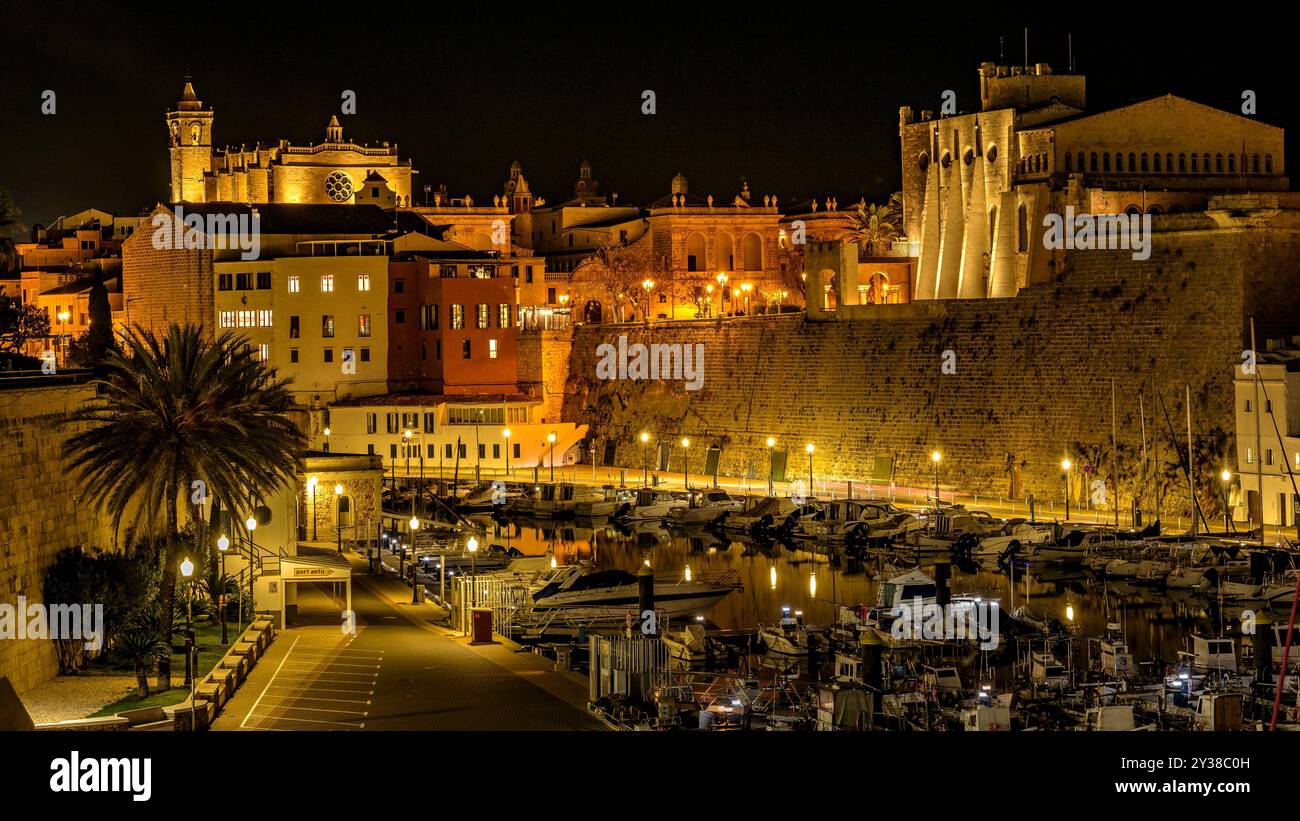 Port of Ciutadella at night (Menorca, Balearic Islands, Spain) ESP: Puerto de Ciutadela de noche (Menorca, Islas Baleares, España) Stock Photo