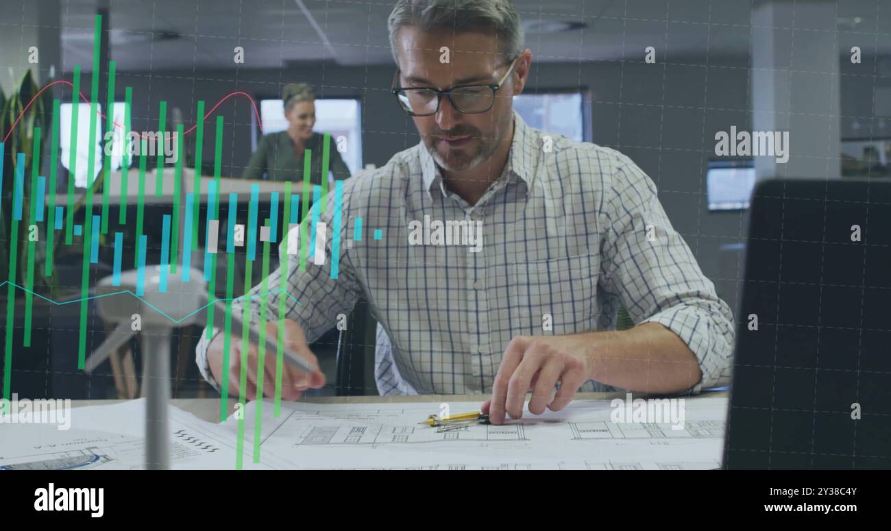 Image of graph processing data over caucasian male architect working on blueprints Stock Photo