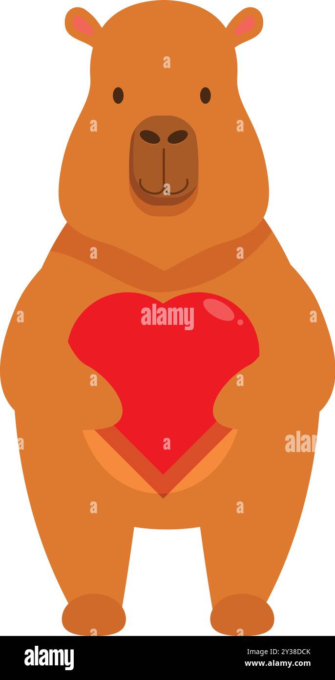 Cartoon illustration of a cute brown bear character holding a big red ...