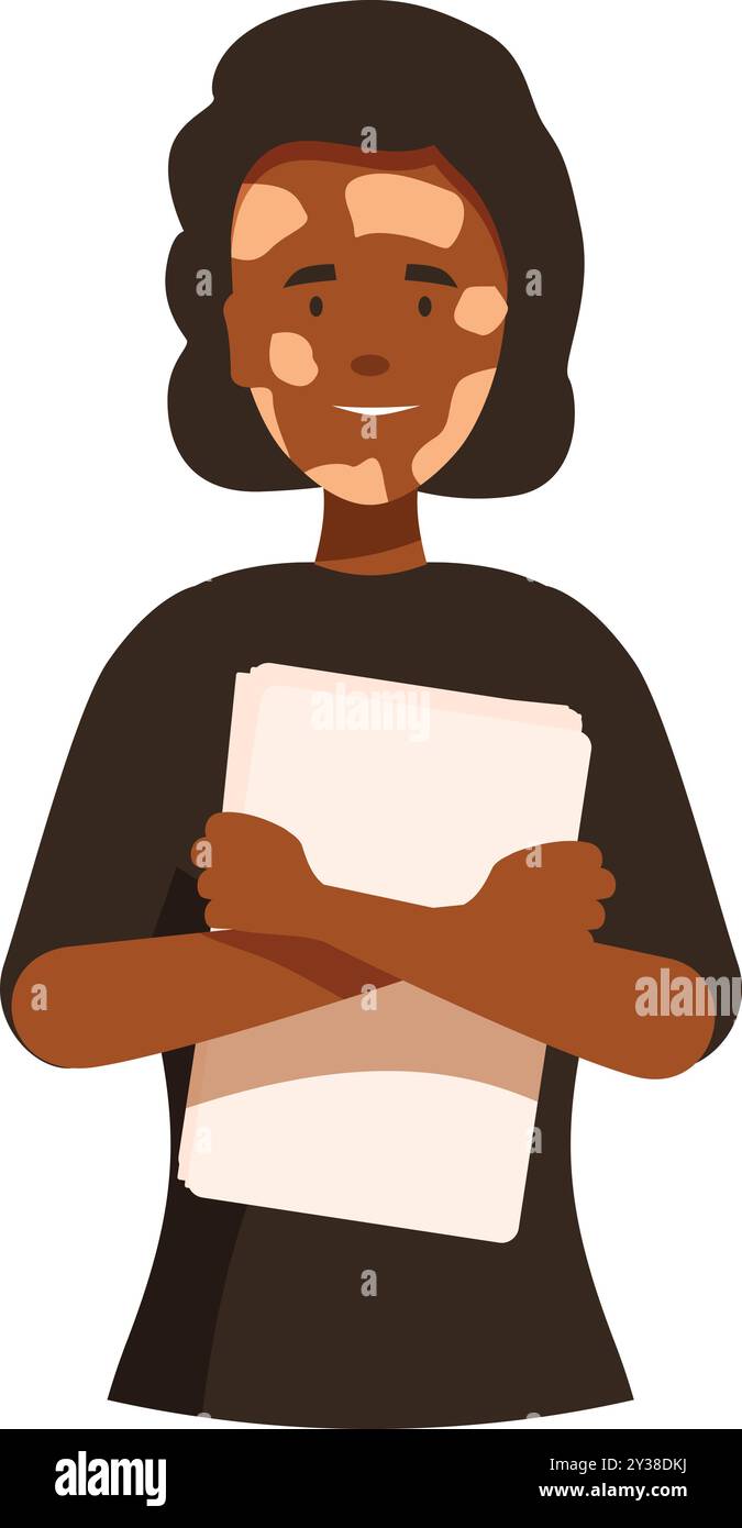 Smiling dark skinned woman with vitiligo is holding papers close to her ...
