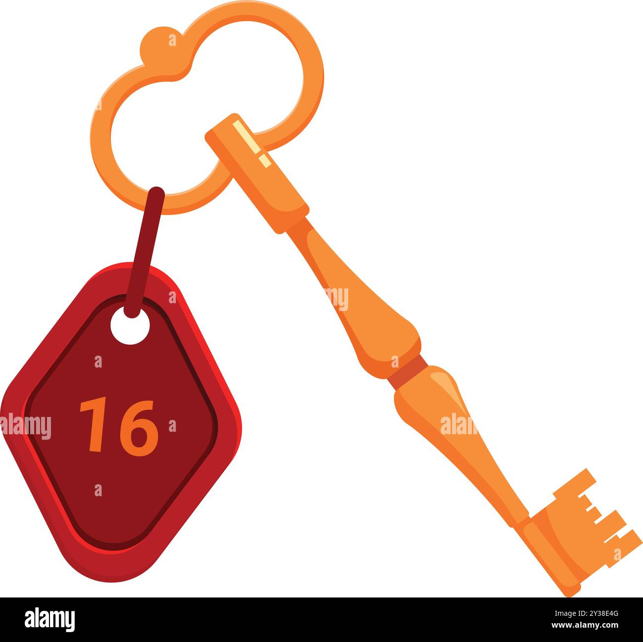 Golden hotel room key with red label number sixteen hanging on white ...