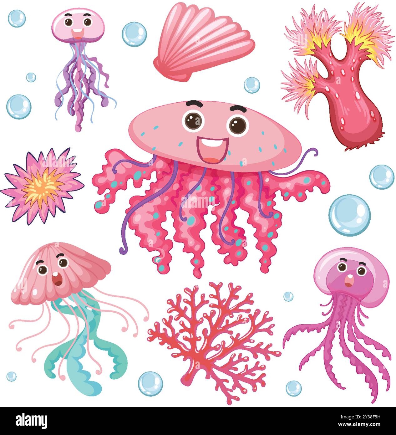 Happy jellyfish and coral in vibrant colors Stock Vector