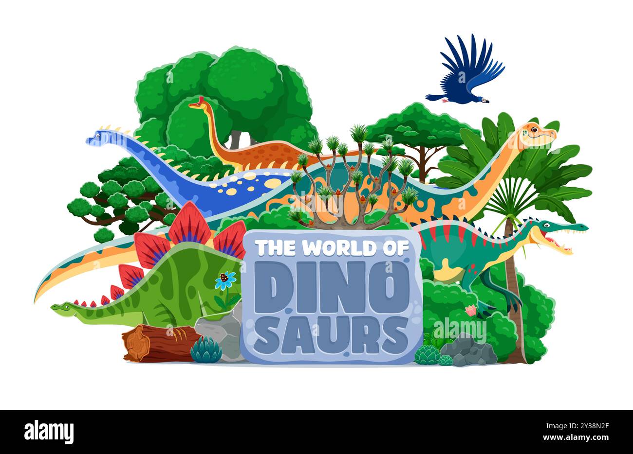 Cartoon prehistoric dinosaurs atlas book cover with funny dino characters, vector background. World of dinosaurs kids atlas book cover with Jurassic era lizards, reptiles and birds in jungle forest Stock Vector