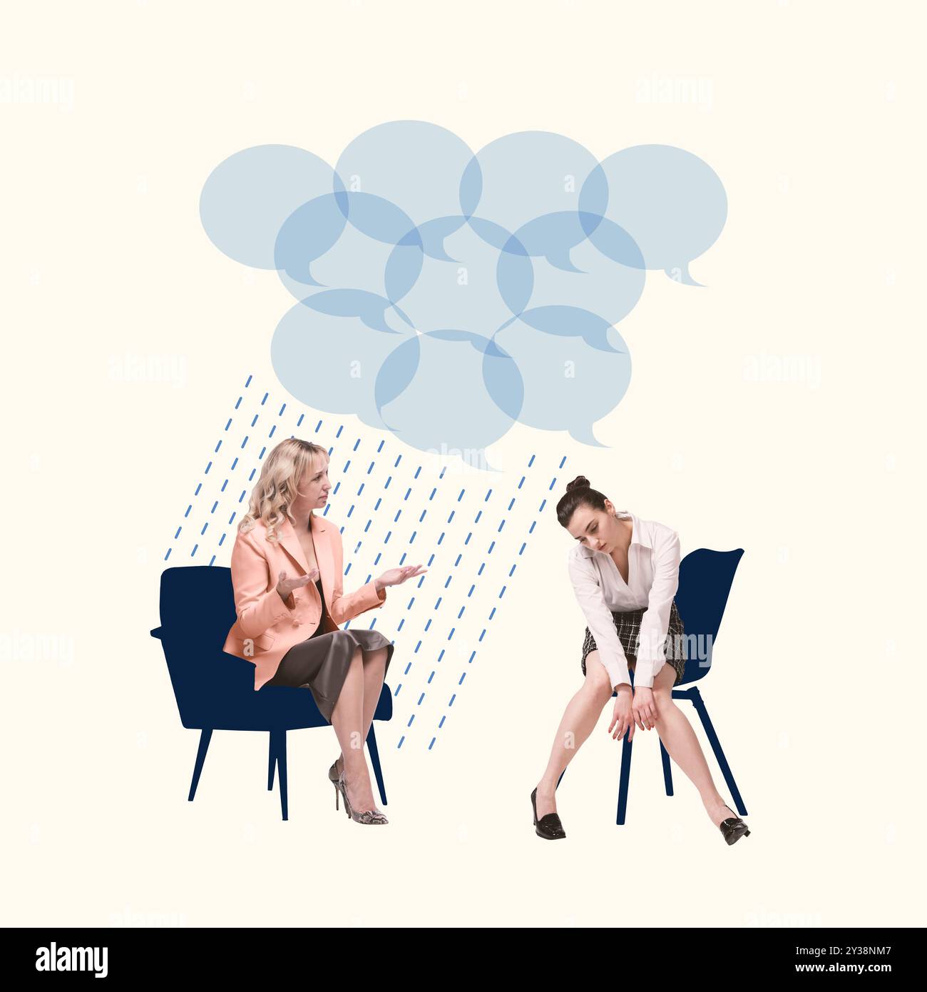Young woman feeling exhausted and depressed, visiting female psychologist for healing, importance of therapy session. Contemporary art collage. Stock Photo