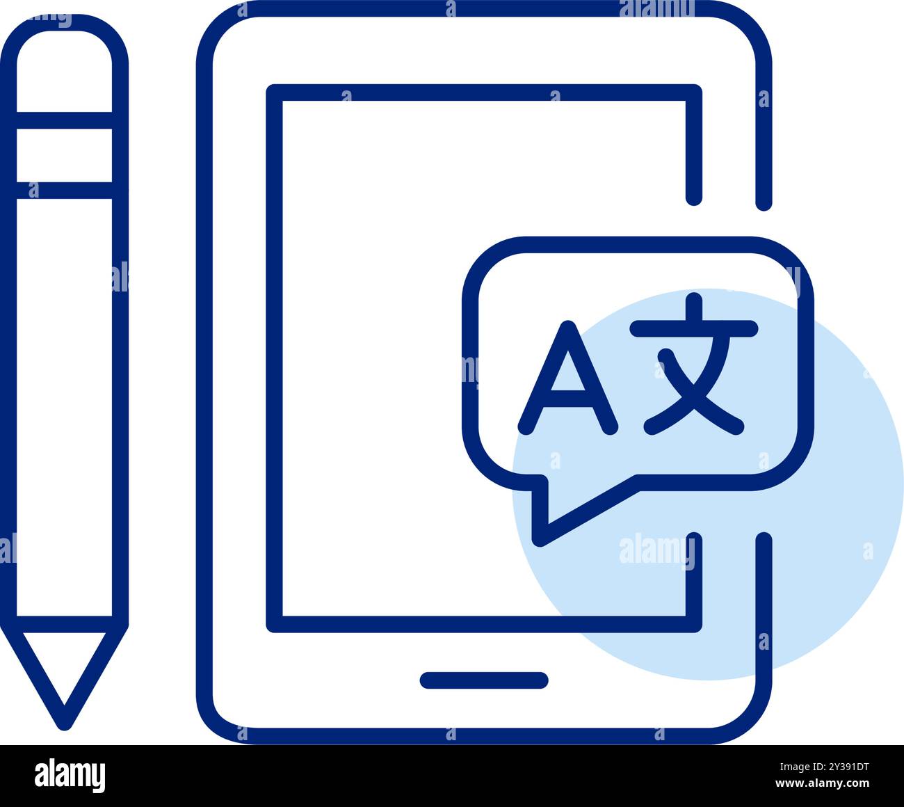 E-tablet, pencil and speech bubble with languages symbols. Interactive e-learning tools, creative online platform. Pixel perfect, editable stroke vect Stock Vector