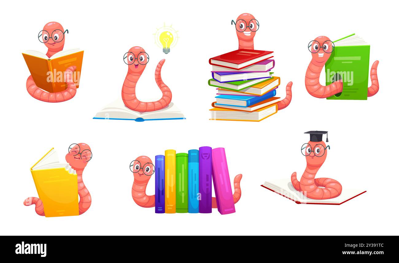 Cartoon cute bookworm characters in eyeglasses. Funny book worm animals ...