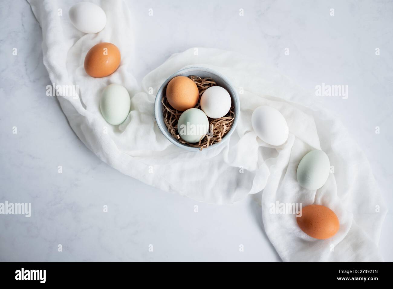 Overhead view of chicken and duck eggs Stock Photo