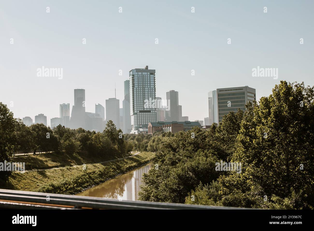 Downtown Houston City Skyline with River View Stock Photo