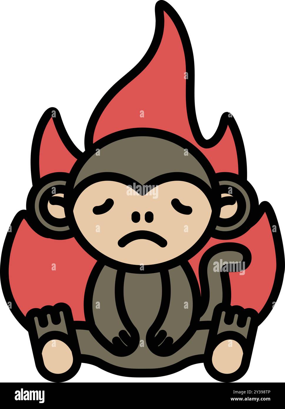 A cartoon monkey is sitting in a fire. The monkey is sad and looking down. The fire is red and orange Stock Vector