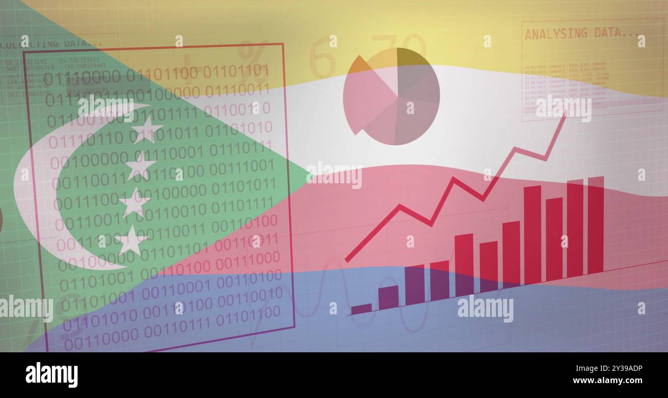 Binary code and financial data image over Comoros flag background Stock Photo