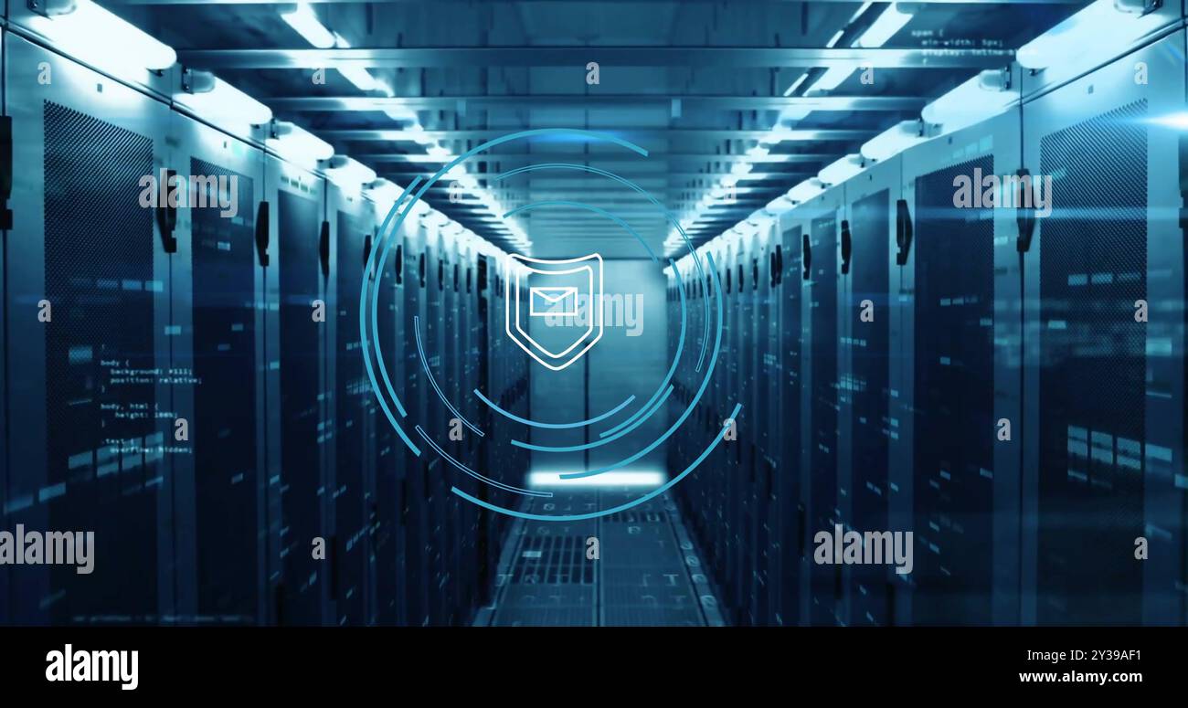 Image of shield icon and digital data processing over computer servers Stock Photo