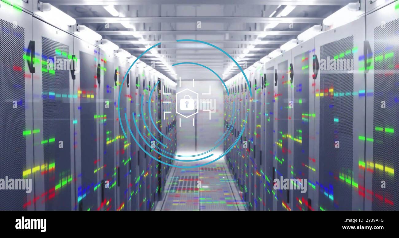 Image of padlock icon and digital data processing over computer servers Stock Photo