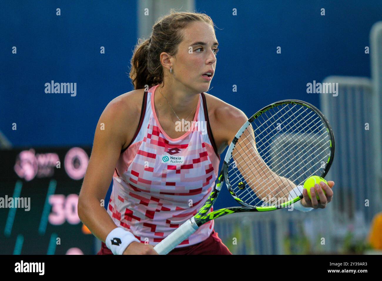 Monastir, Tunisia. 12 September 2024. Lucia Bronzetti of Italy plays against Ann Li of the United States at the Jasmin Open tennis tournament in Monastir, Tunisia. The Jasmin Open, which is a women's professional tennis tournament, is held at the Magic Hotel Skanes in Monastir between 9 and 15 September 2024 Stock Photo