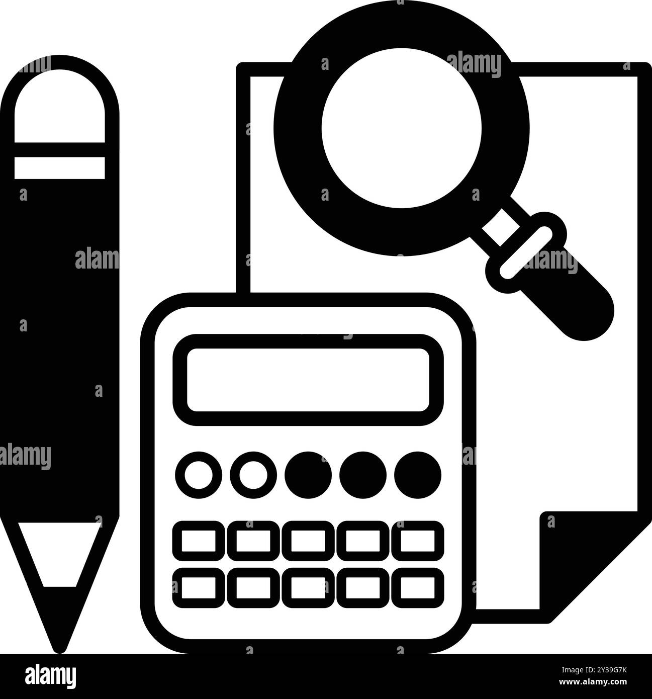 A pencil a calculator and a magnifying glass concept of problem