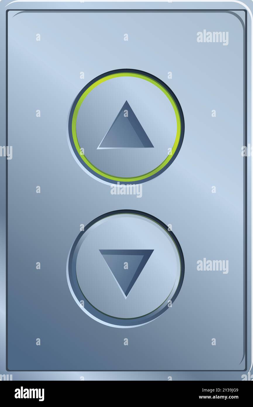 Elevator button panel is showing the up and down direction with a green ...