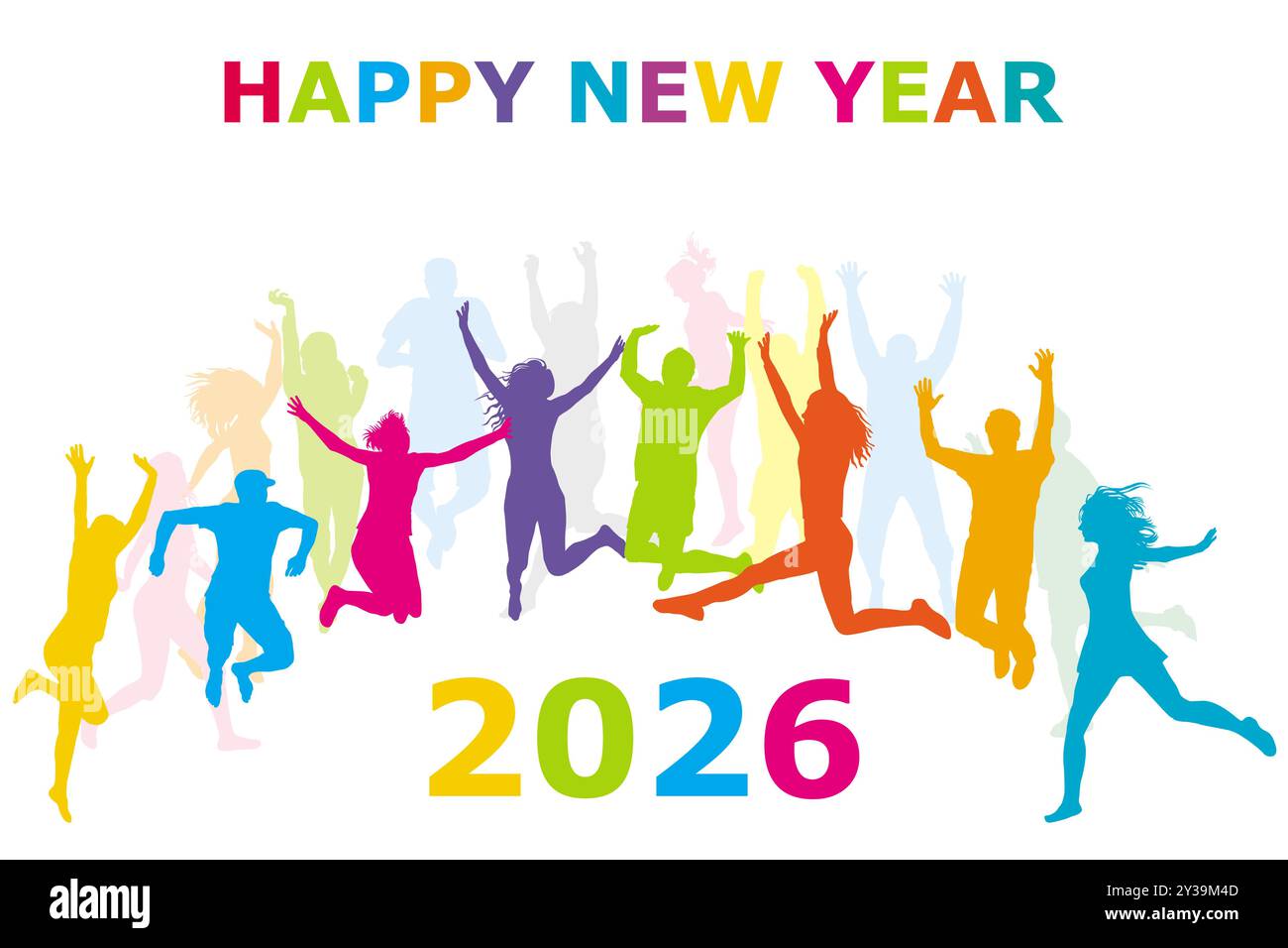 Happy New Year 2026 illustration with silhouettes of happy people