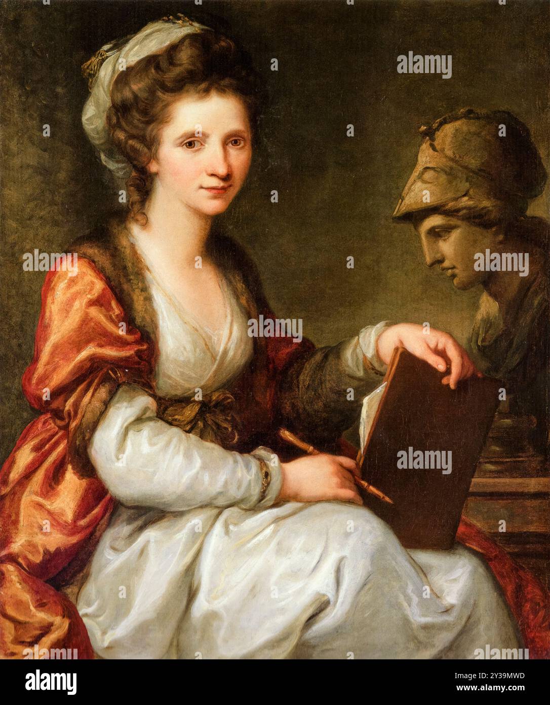 Angelica Kaufman (1741-1807). Self portrait painting of the Swiss Neoclassical female painter Angelika Kauffmann with the bust of Minerva, painting in oil on canvas, 1780 Stock Photo