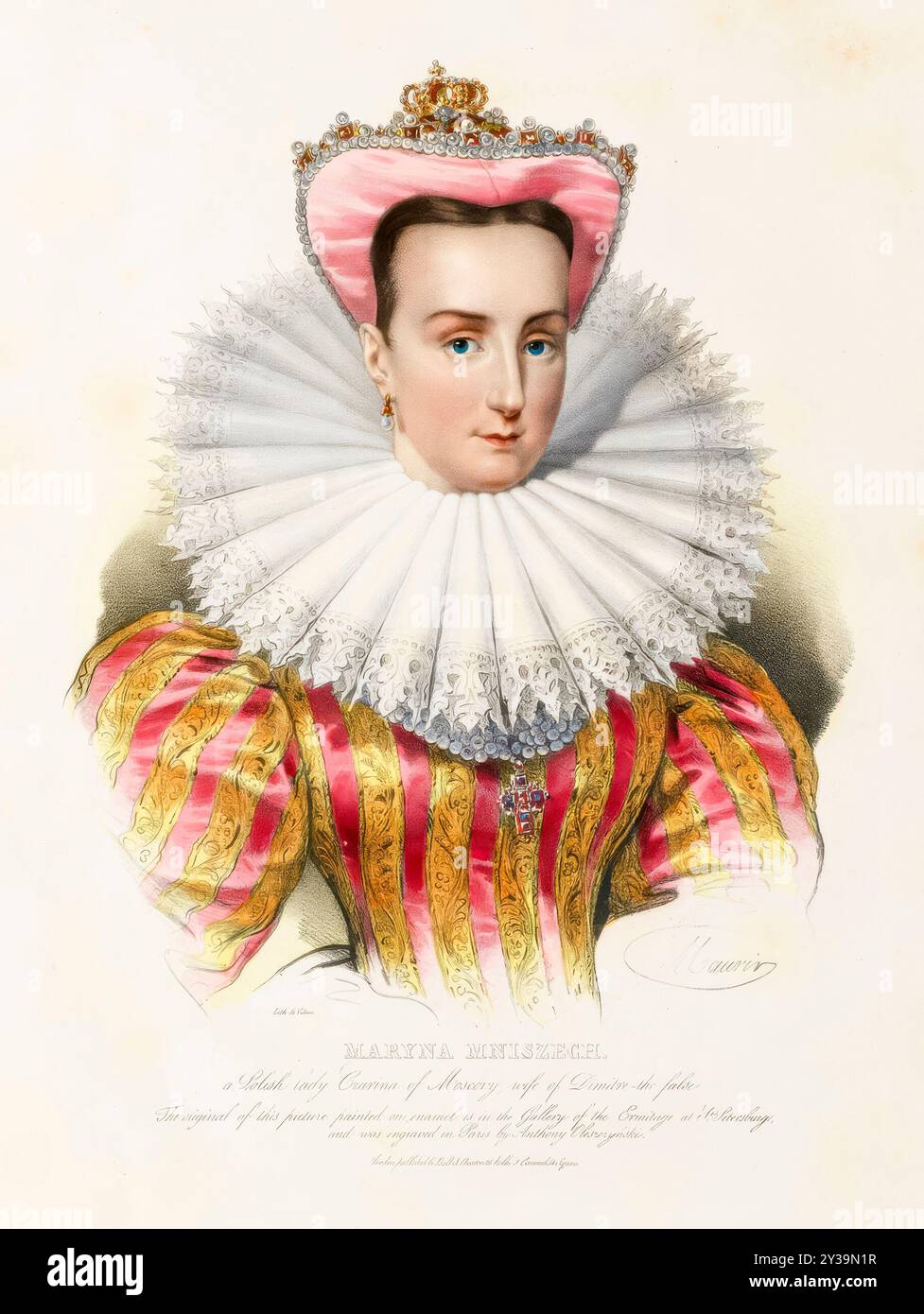 Marina Mniszech, or, Marina Mnishek (c.1588-1614), Polish noblewoman, Tsaritsa of all Russia in May 1606 as the wife of 'False Dmitry I', hand coloured lithographic portrait print by Antoine Maurin, 1830-1839 Stock Photo