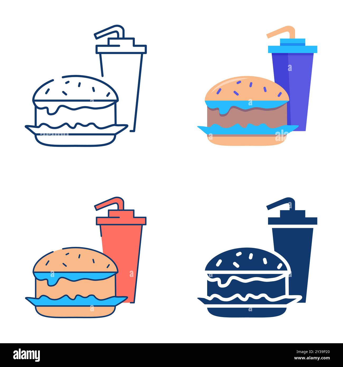 Fast food icon set in flat and line style. Burger and drink, junk food ...