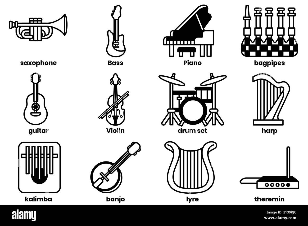 Outline set musical instruments illustration Black and White Stock ...