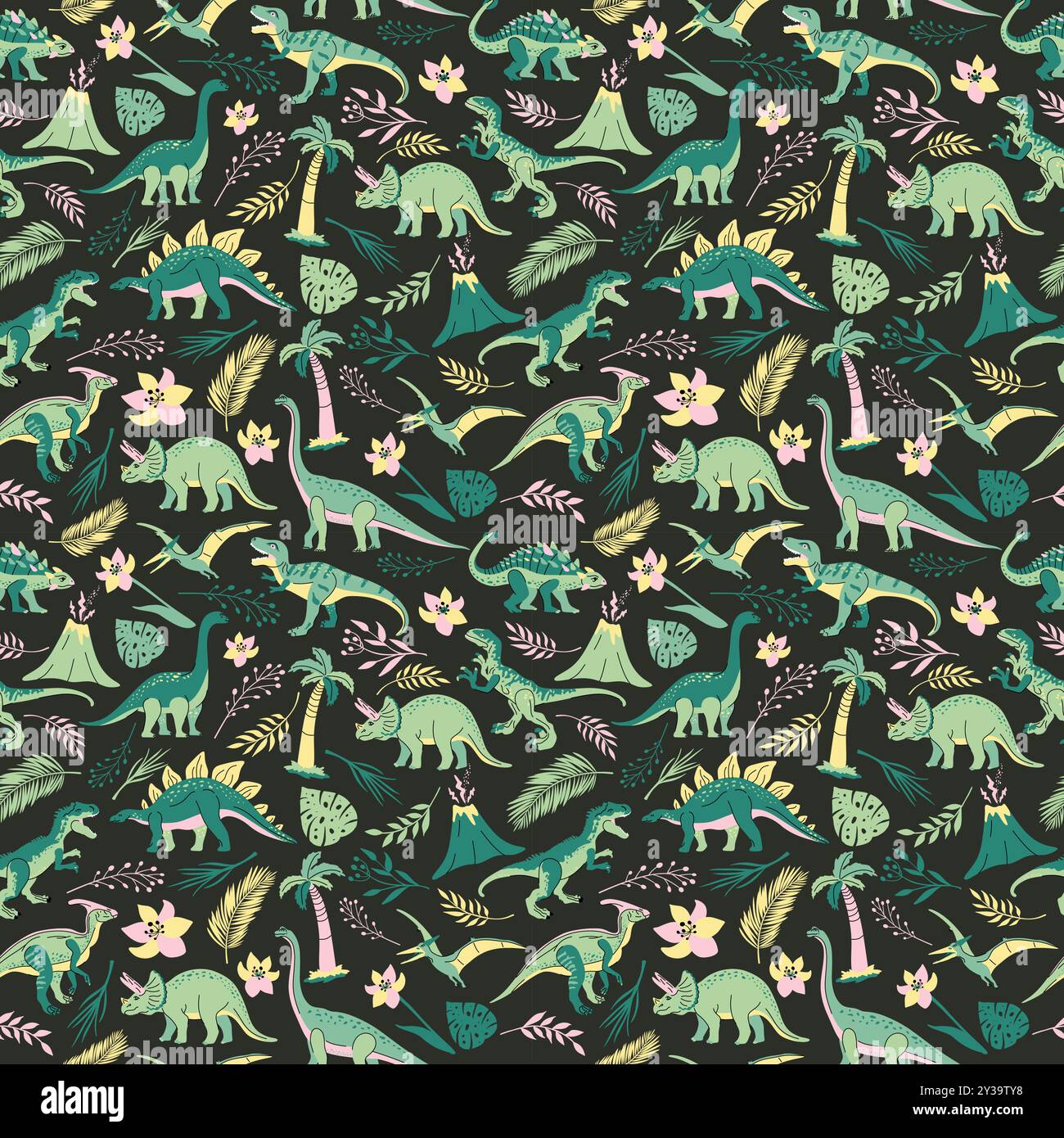 Seamless pattern with bright dinosaurs and green plants including T-rex ...