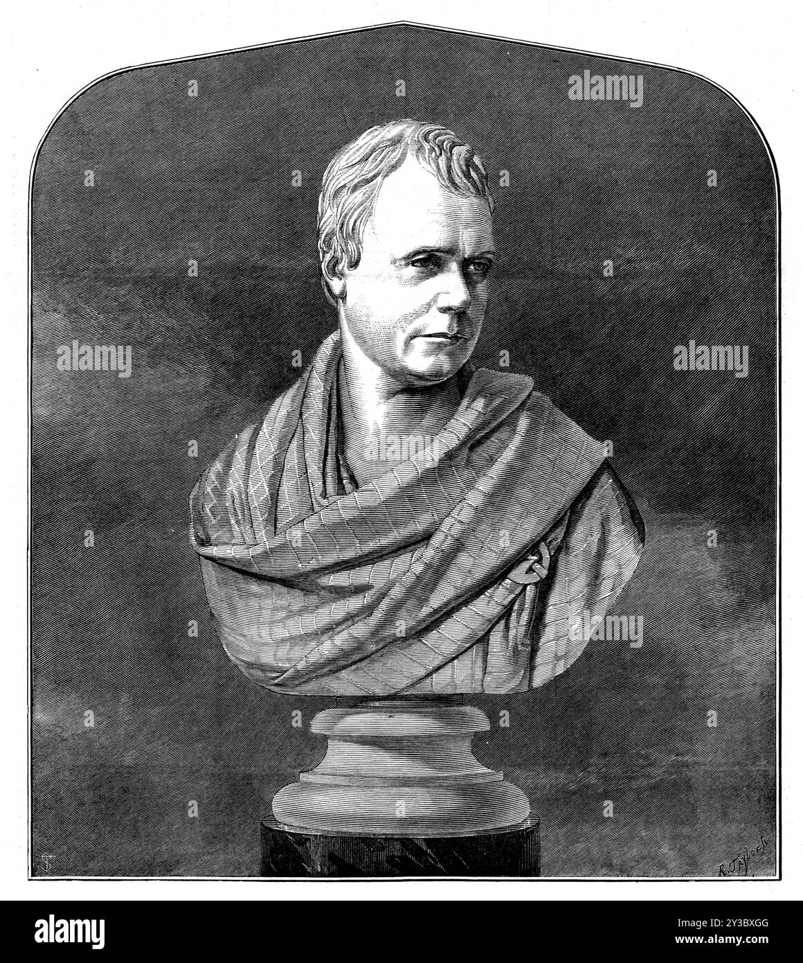 The Scott Centenary - Sir Walter Scott, from the bust by Chantrey, 1871. Sculpture of the Scottish writer. A '...Loan Exhibition of pictures, sculptures, manuscripts, and various relics, having some interest associated with Scott's life and works,...has been opened in the galleries of the Royal Scottish Academy, at Edinburgh...A copy, in bronze, of Chantrey's marble bust...reproduces, perhaps, the best likeness of Scott ever made. Comparing it with a painted portrait, Mr. Morritt says of it: &quot;In my own opinion, Chantrey alone has, in his bust, attained that (in this case) most difficult t Stock Photo