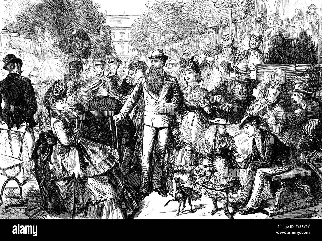 On the Kursaal Terrace, Hombourg-es-Monts, Germany, 1871. Visitors in '...a place of fashionable resort named Hombourg,...now part of the kingdom of Prussia. It has of late years been as much patronised by the English...Thanks, probably, to the attractions of its medicinal waters, its mineral baths, its brilliant atmosphere, and its extensive pleasure grounds, with the general charms of the Kursaal...it has had the German Emperor sojourning there; and subsequently the Duke of Cambridge..., and more recently the Prince and Princess of Wales; besides lesser personages, of magnitude sufficient to Stock Photo