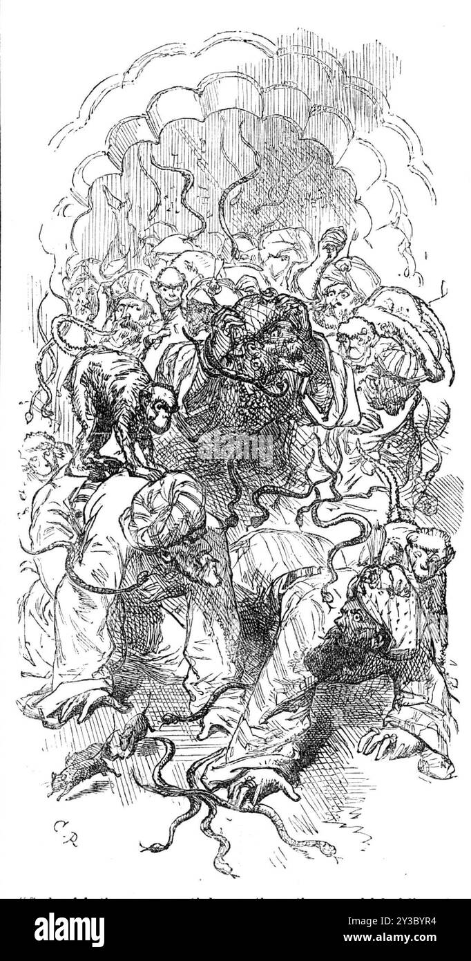 &quot;Sacks of feathers were emptied upon them, then a sackful of live rats, succeeded by a dozen monkeys and some score of young serpents&quot;, 1871. Illustration to a short story, &quot;The Coffee-Merchant - a new Arabian Nights' tale&quot;. '...the lamps began to get very dim, and a fine shower of rain softly poured down upon them from the galleries above, as if from concealed water-engines, if not by necromancy. At the same time horrible subterranean music was heard, with ringing yells; then the lamps nearly went out; while the rain fell faster, speedily followed by a report like thunder, Stock Photo