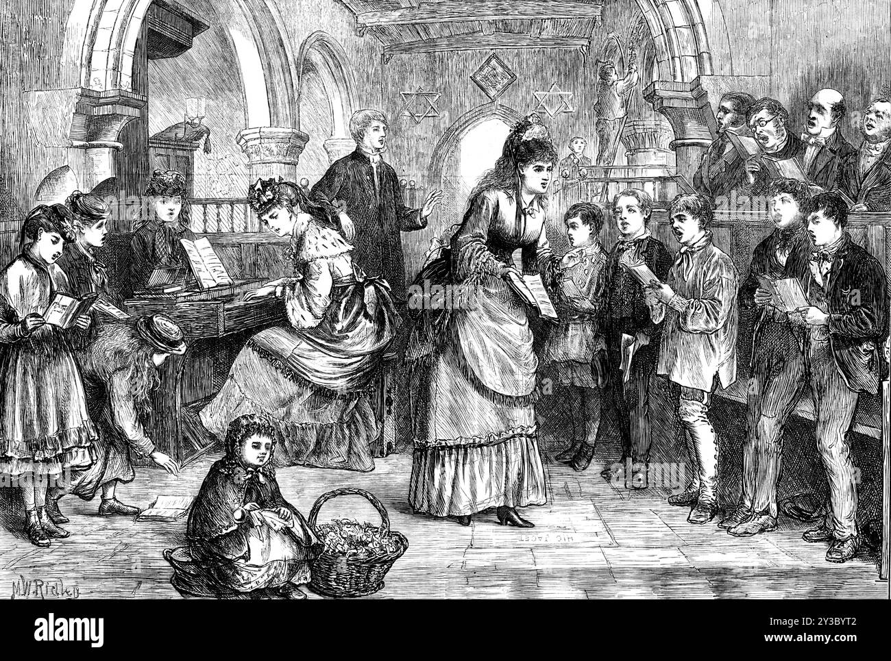 The Village Choir at Rehearsal, drawn by M. W. Ridley, 1871. 'The scene at a rehearsal...under the personal direction of the Rector's two accomplished daughters...affords a graceful example of [preparation for the special services of Christmas Day in a village church,] to be conveniently adopted in cases where no professional musician is engaged as organist. One of the sisters, we see, has long since been regularly installed as the official instrumentalist of the ordinary Sunday services, and plays the harmonium...in the pillared arch nearest her father's pulpit and lectern. The other seems to Stock Photo