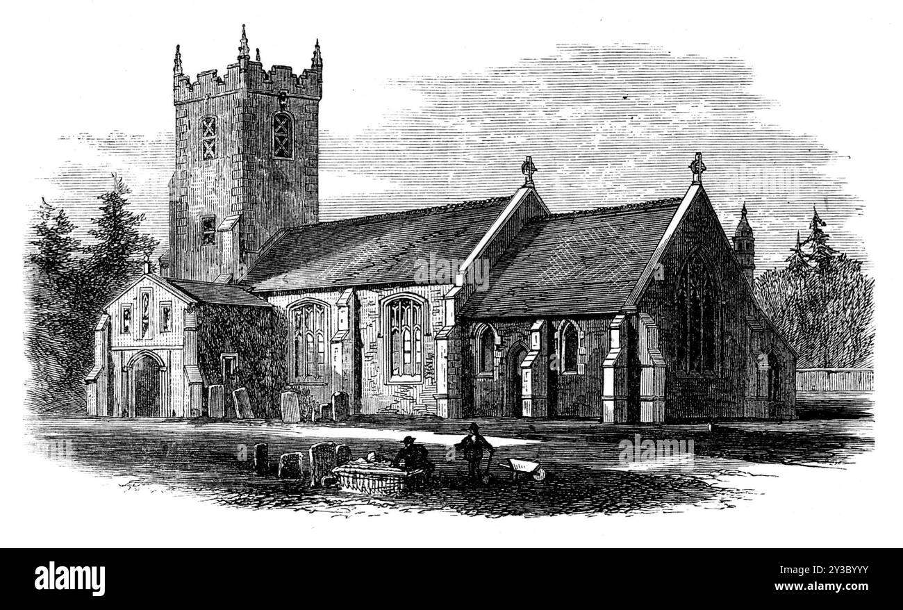 Sandringham church, [Norfolk], 1871. St Mary Magdalene Church, Sandringham, used by the British royal family. Engraving from a photograph by Mr. Vernon Heath. 'Her Majesty the Queen, with Princess Alice and Princess Louise, as well as the Princess of Wales, the Duke of Cambridge, and Prince Louis of Hesse, attended Divine worship in this little church on Sunday last...Sandringham church stands on a hillock adjoining the north side of the park, and is a well-proportioned little building, comprising nave, chancel, south porch, and square tower, with one bell. On the tower during the hours of ser Stock Photo