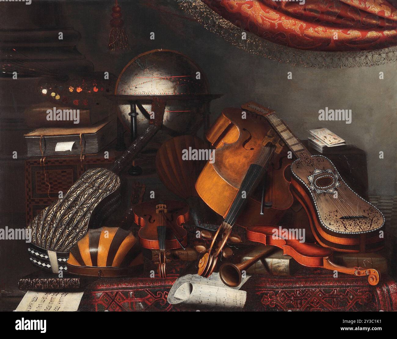Musical instruments, a globe, books, playing cards and a painter's ...