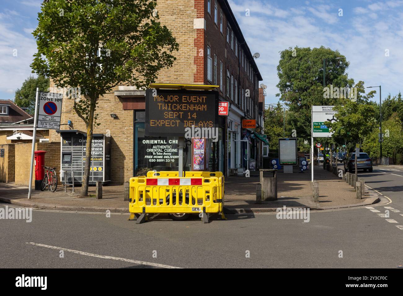 London, UK. 13th Sep, 2024. Road signs warning drivers of major event happening at Allianz Stadium, Twickenham over the weekend. UK © ️ Credit: Elsie Kibue/Alamy Live News Stock Photo
