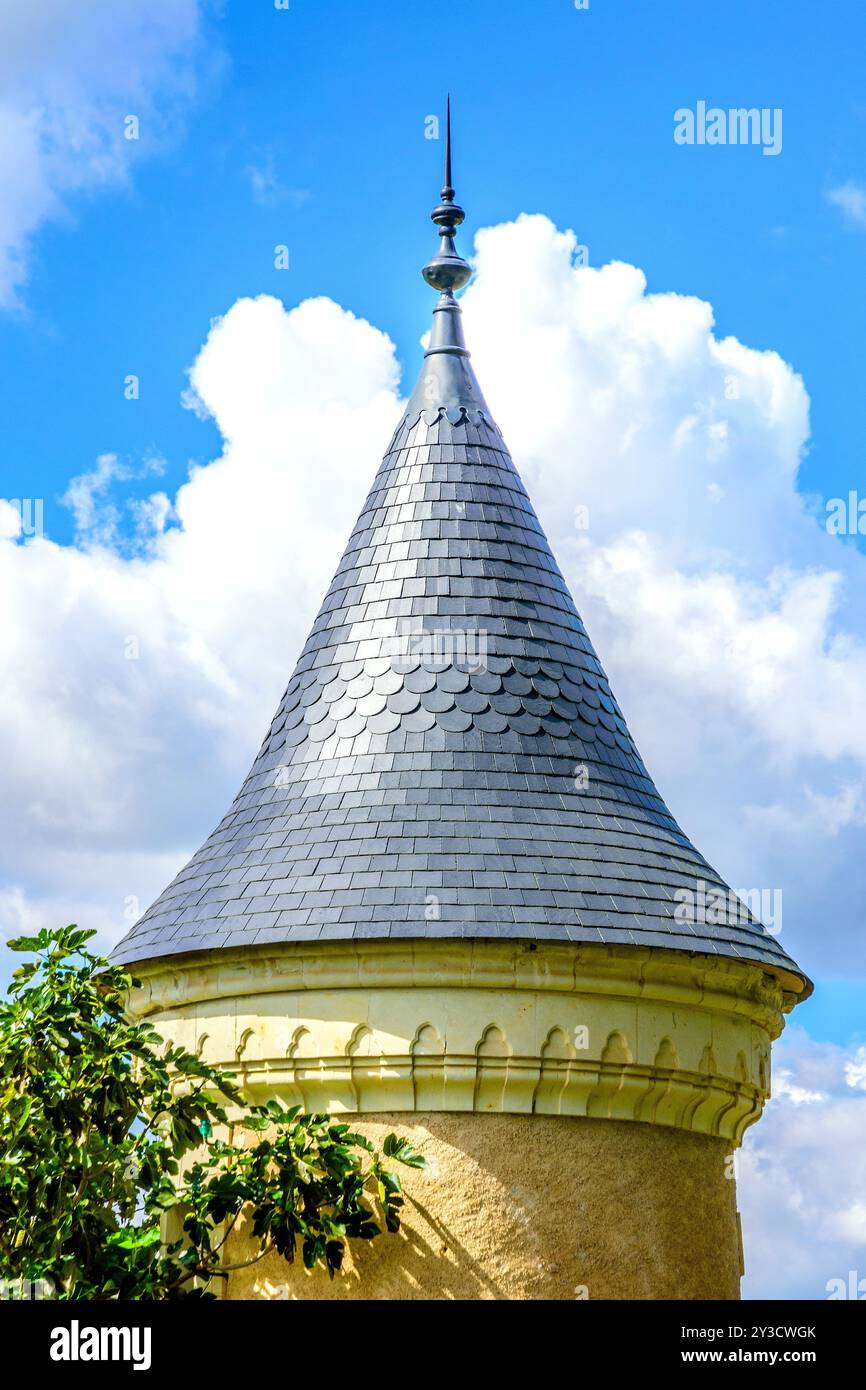 Decorative re-slated conical roof on round tower - Bossay-sur-Claise, Indre-et-Loire (37), France. Stock Photo