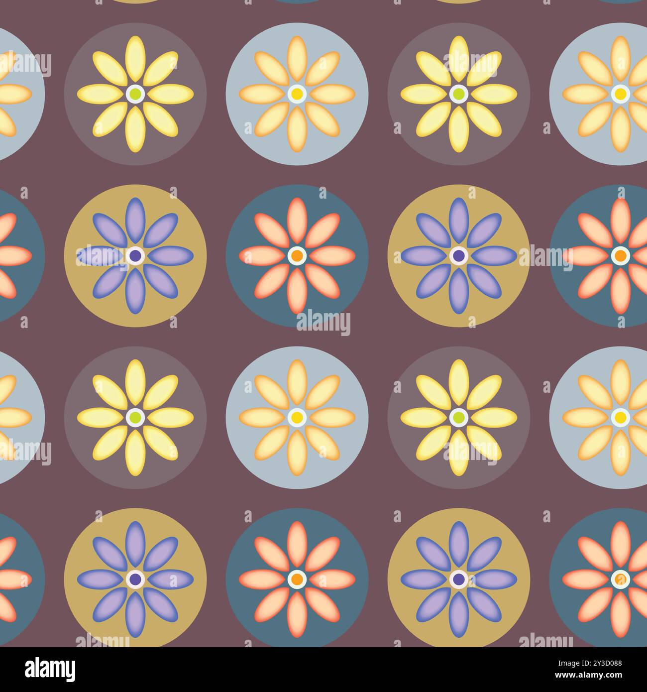 Seamless retro floral pattern with stylised daisy flowers in circular motifs on brown background, decorative vintage repeat for textile, fabric and wa Stock Vector