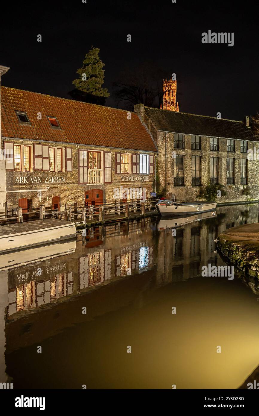 Night view of canals in Bruges, Northern Venice Stock Photo