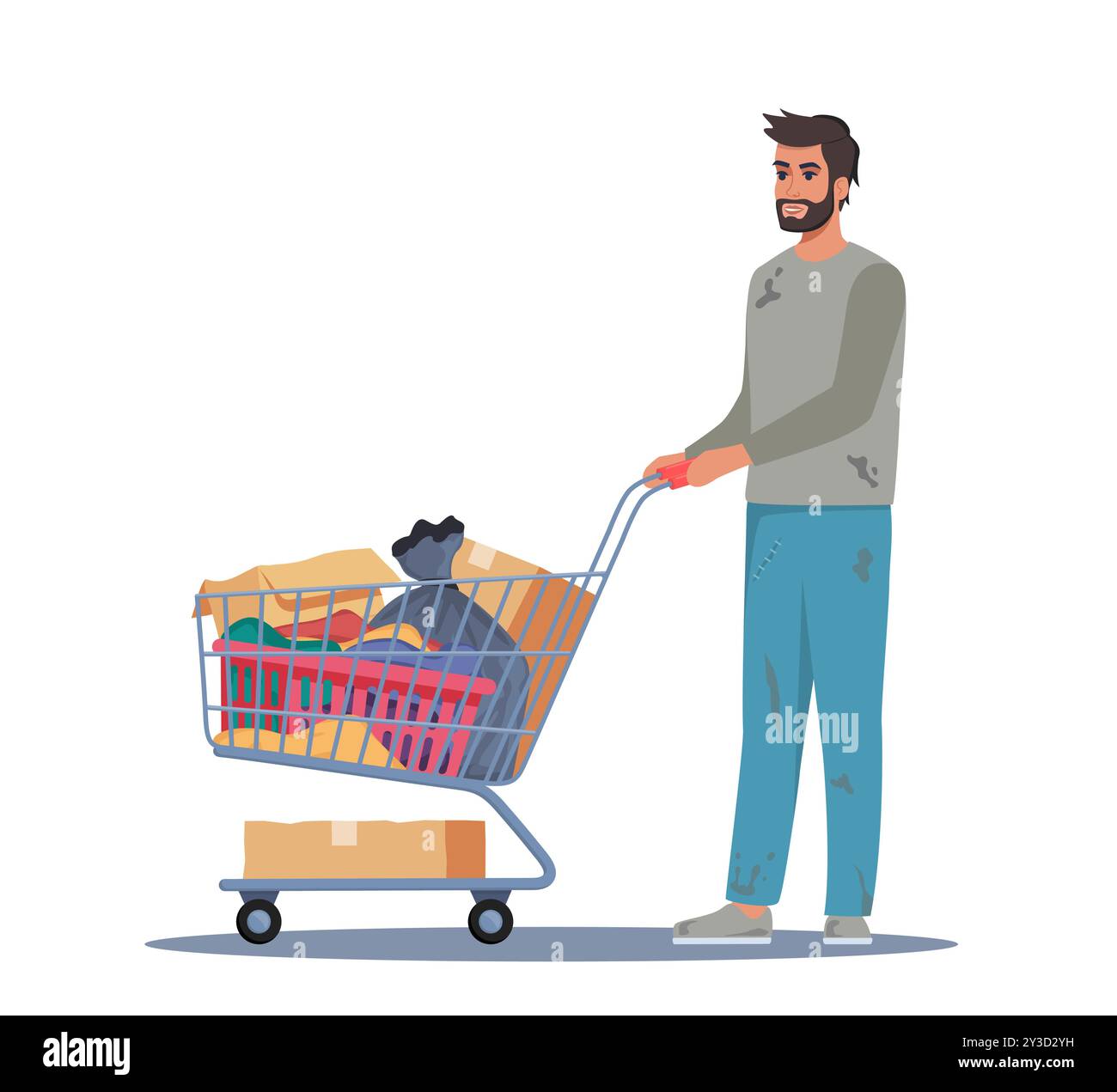 Homeless man pushing trolley cart with belongings. Guy walking street ...