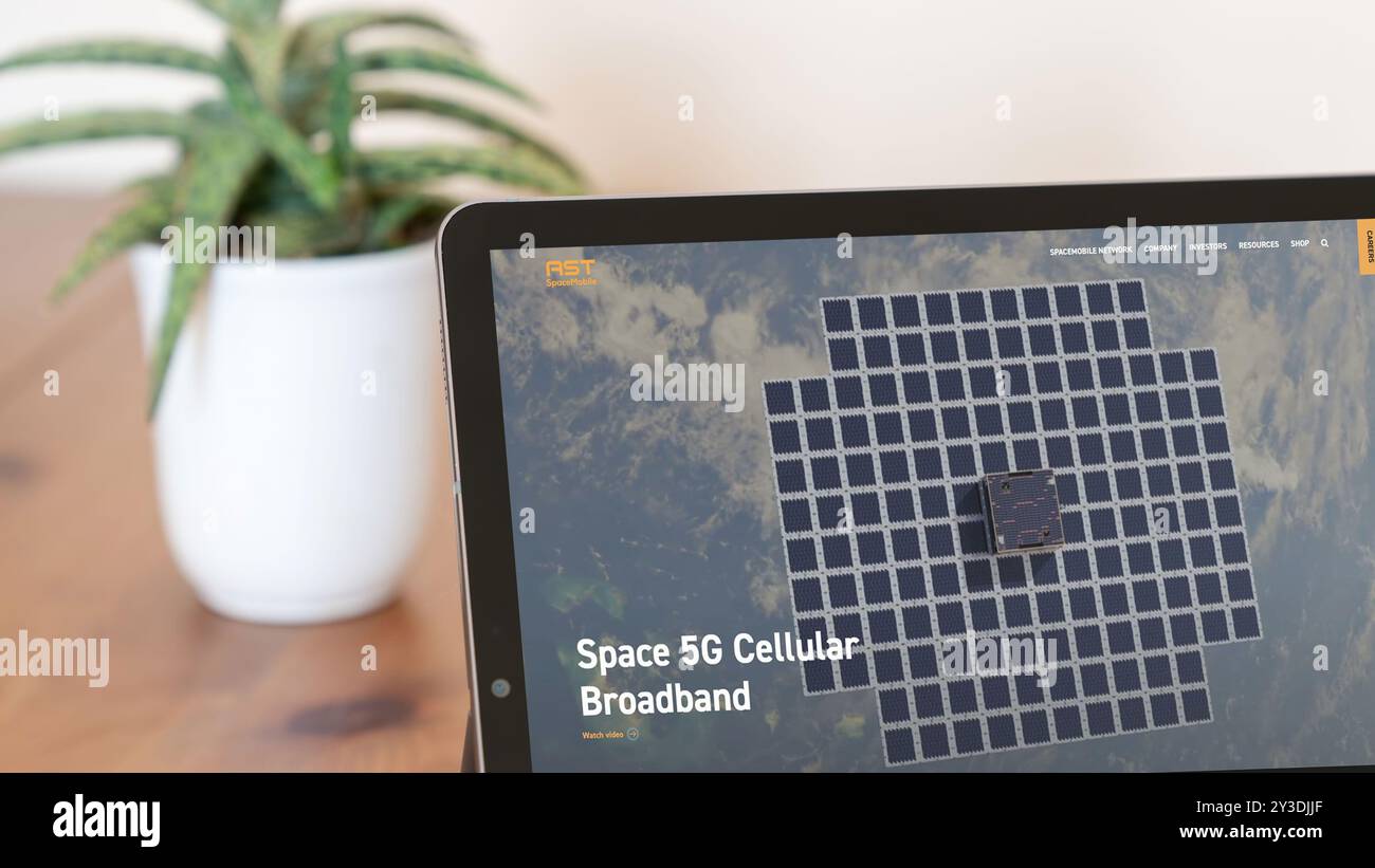 Istanbul, Turkey - 5 Sep 2024: AST SpaceMobile web site on a tablet screen. AST SpaceMobile is a company developing space-based mobile phone networks Stock Photo
