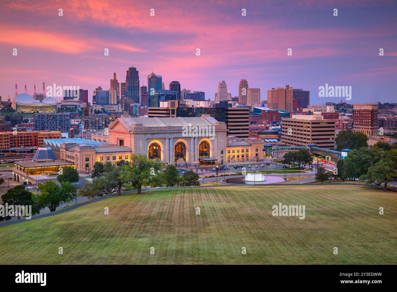 Kansas City, Missouri, USA. Aerial cityscape image of Kansas City skyline at autumn sunset. Stock Photo