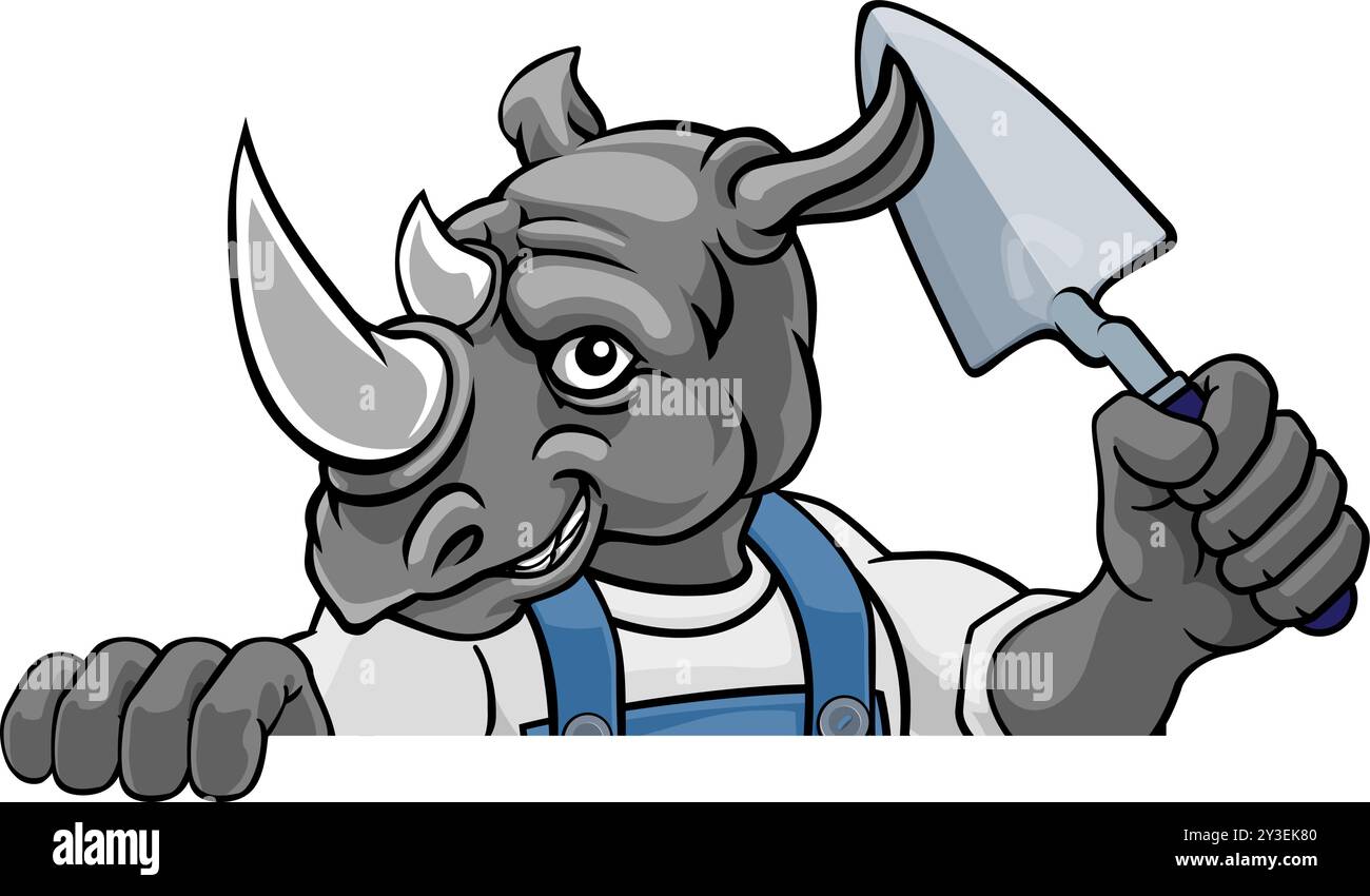 Rhino Bricklayer Builder Holding Trowel Tool Stock Vector