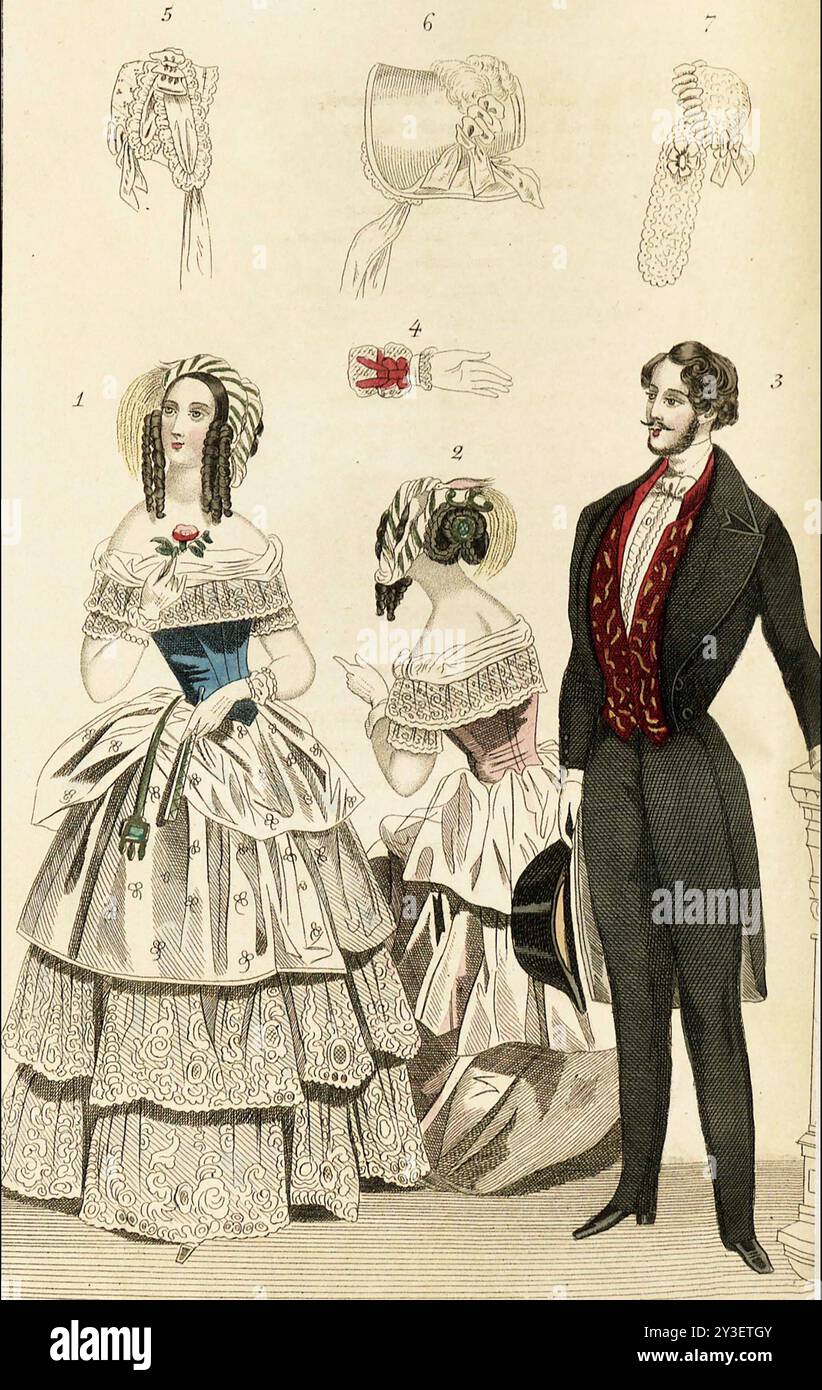 VICTORIAN FASHION plate of 1844 showing detail of gloves and bonnets Stock Photo