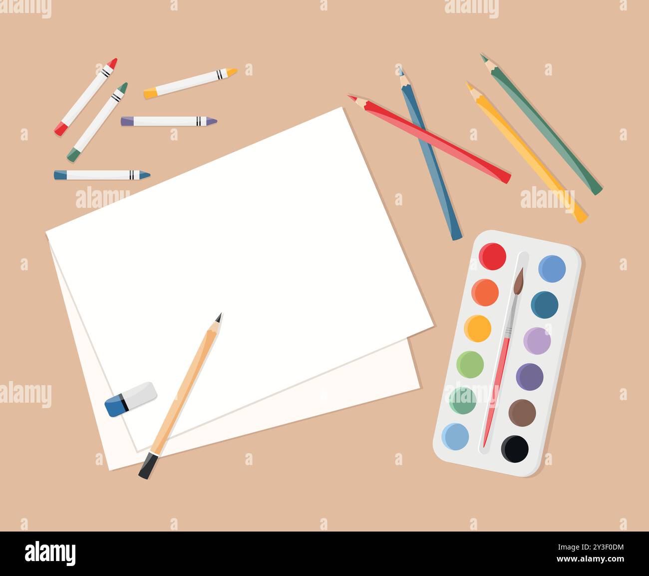 Kids painting supplies on the table. Watercolor paints, paint brushes ...