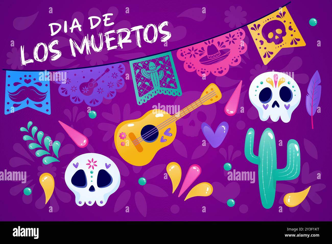 Day of the Dead set, elements on a purple background. Flags, skull, guitar, cactus. vector Stock Vector