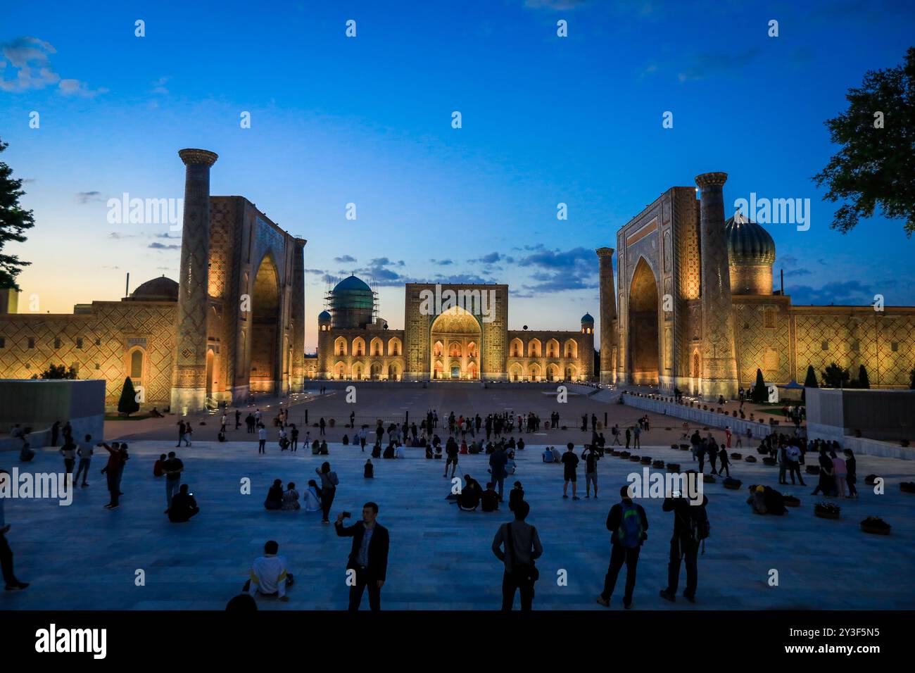 Samarkand, Uzbekistan - May 09, 2019: Registan Square with the Tourists in the Old City of Samarqand Stock Photo