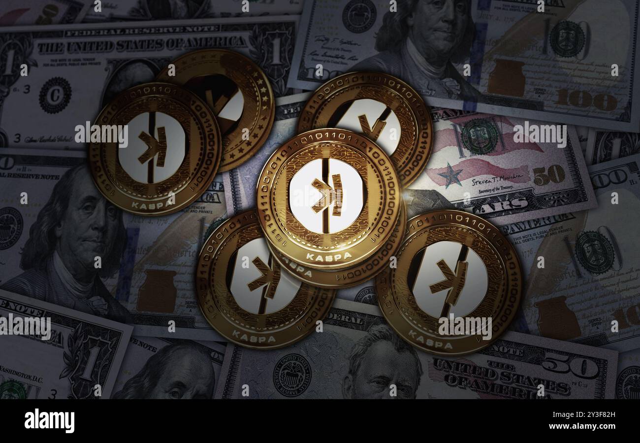 Poznan, Poland, September 1, 2024: Kaspa KAS cryptocurrency gold coin on  green screen background. Abstract concept 3d illustration Stock Photo -  Alamy