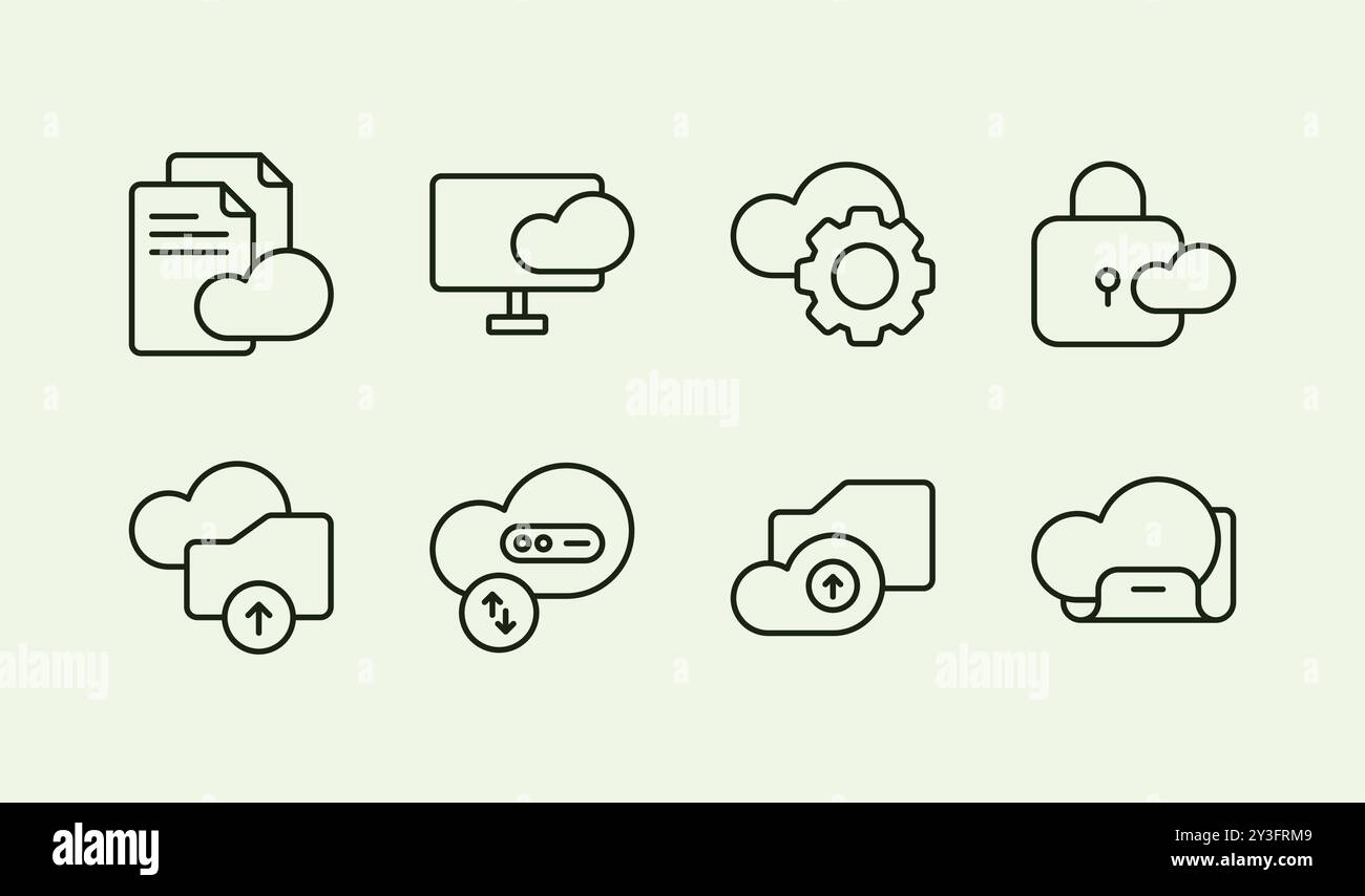 Simple cloud file management service presentation line icon illustration set design Stock Vector