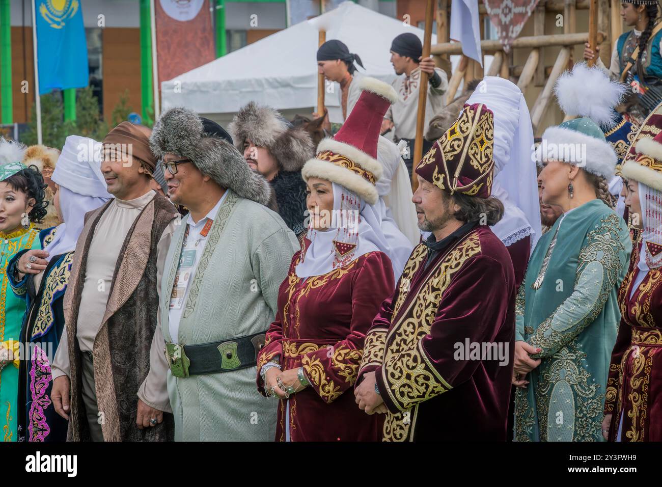 The Kazakh people in traditional clothes and festive attires, during the culture event at World Nomad Games in Astana, Kazakhstan, Central Asia. Stock Photo