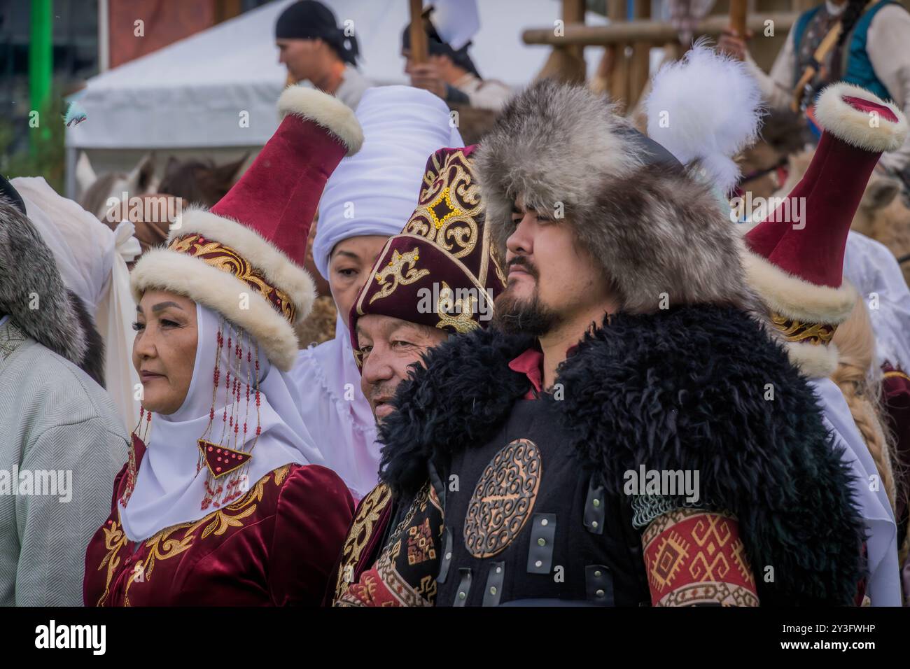 The Kazakh people in traditional clothes and festive attires, during the culture event at World Nomad Games in Astana, Kazakhstan, Central Asia. Stock Photo